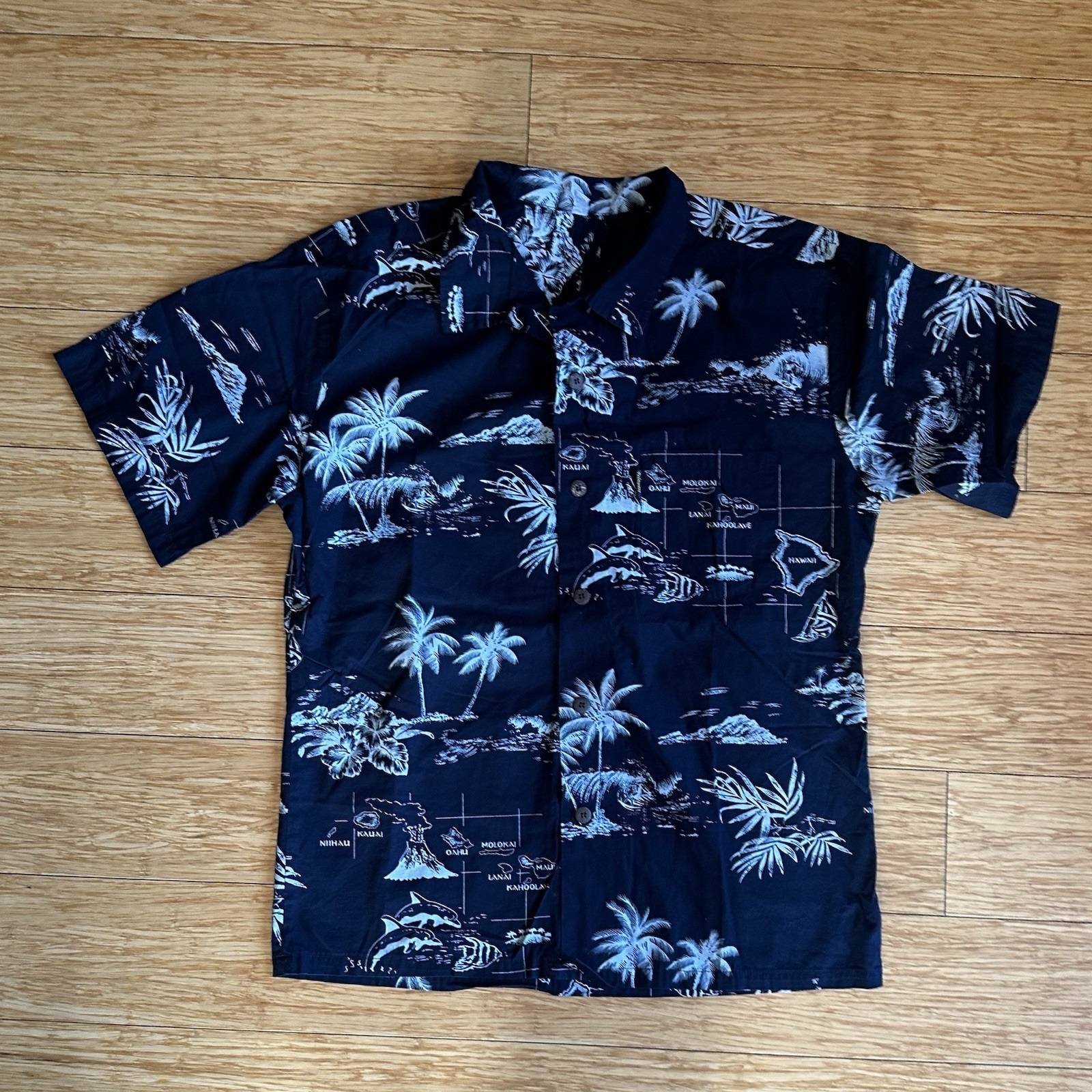 Men State Of Hawaii Short Sleeve Button Up Blue Lightweight Island Map- L